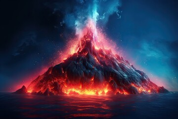 Exploring the Underwater Volcano: Bright Reds and Blues Illuminate Lively Emissions. Generative AI