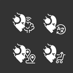 Machine learning usage white linear glyph icons set for night mode. Artificial intelligence. Negative space silhouette symbols on dark theme background. Solid pictograms. Vector isolated illustrations