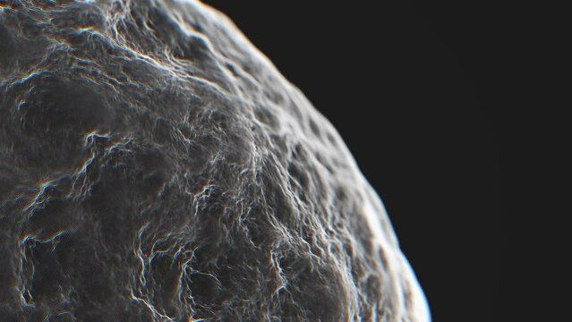 Abstract Scifi Planet Surface Background/ 4k animation of a white and black big alien planet in space landscape surface with relief patterns and turbulent energy waves in slow motion with depth of fie