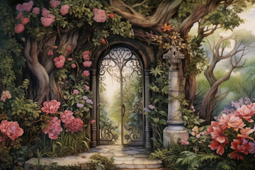 Fototapeta na wymiar A serene and magical garden with delicate flowers, butterflies, and a hidden door leading to a magical world. Watercolor. Generative AI
