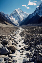 The base of mount everest from a rocky ground, in the style of light sky. AI generative