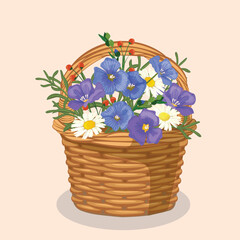 Hand drawn vector illustration of wild flowerbouquet in a wicker basket