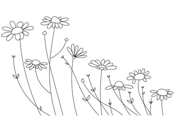 Abstract colorless daisies with small grass lean away from the wind. Editable stroke weight.