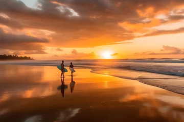 Fototapete Surfers during sunrise, amazing cloud reflectected on water ai generated art © mihail