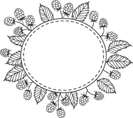 Blackberry sprigs rounded frame - berries and leaves, sketch illustration drawing with black outline