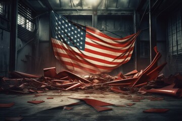 The fallen American flag against the background of destroyed skyscrapers. The collapse of the American economy, inflation, bankruptcy, the destruction of the financial system. Generative AI