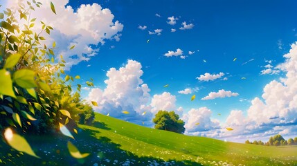 Fototapeta 風の吹く緑の丘の景色のアニメ風イラスト　Generative AI obraz