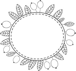 Rounded frame with cranberry - berries and leaves, sketch illustration drawing with black outline