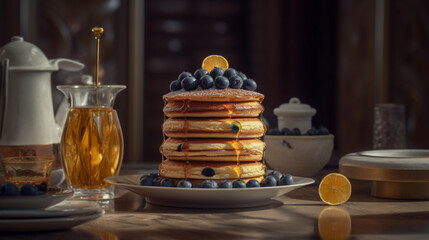 Capturing the Deliciousness: Professional Food Photography for Pancakes with Syrup and Blueberries Made With Generative AI