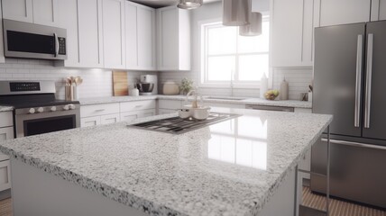 Modern white Scandinavian style kitchen with kitchen island and white marble countertops. Modern kitchen appliances in a spacious kitchen. White tiles on the wall as an imitation of Generative AI