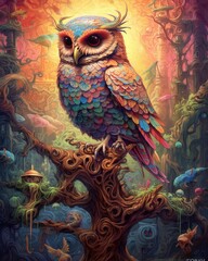 Obraz premium Majestic Artistic Owl Perched on a Branch: Wisdom and Serenity