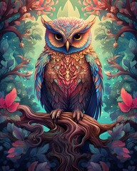 Fototapeta premium Majestic Artistic Owl Perched on a Branch: Wisdom and Serenity