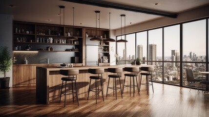 Modern kitchen with breakfast bar in an urban luxury apartment. Wooden floors, wooden facades, bar counter with bar stools, open shelves, large windows overlooking the city. 3d Generative AI