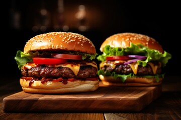 Tasty burgers on wooden table | Generative AI 