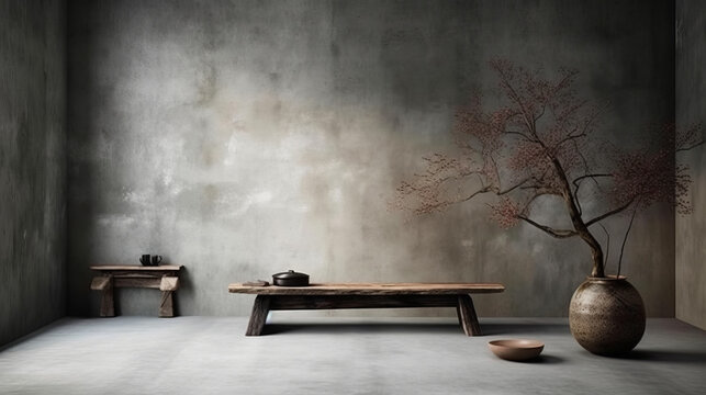 Wabi-sabi interior concept combined with Scandinavian minimalism created using generative AI