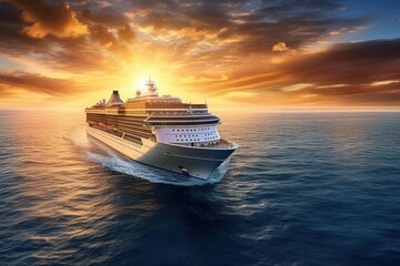 Fototapeta na wymiar Aerial view of luxury white cruise ship in tropical sea. Beautiful sky, bright sunset over the horizon. The concept of summer cruise vacation and travel. Generative AI