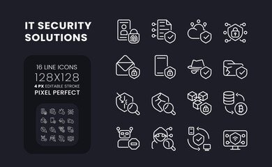 IT security solutions white linear desktop icons on black. Information privacy. Data protection. Pixel perfect 128x128, outline 4px. Isolated interface symbols pack for dark mode. Editable stroke