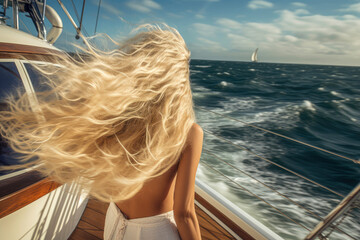 Rückenansicht einer Frau mit langen blonden Haaren die im Wind wehen auf einer Yacht. AI Generiert