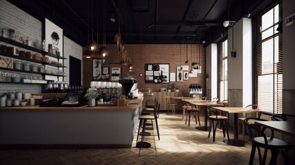 Fototapeta na wymiar Loft style modern coffee shop interior. Gray concrete walls and parquet floors, wooden tables and chairs, open shelves, pendant lights. Hipster lifestyle concept. Generative AI