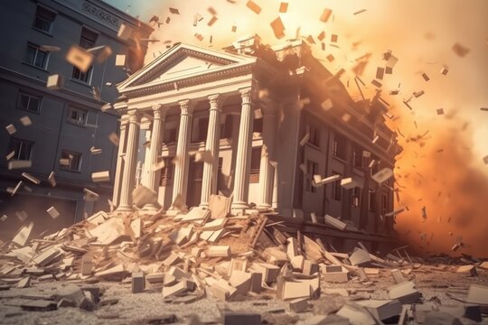 The bank building is collapsing. Bank bankruptcy. Destruction of a financial institution. Banking crisis, shares depreciated. The paper falls around the bank. Loss of money by bank Generative AI