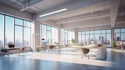 Loft style open space office with floor-to-ceiling windows and city view. Light-colored concrete walls and floor, large tables, comfortable chairs, desktop computers, plants in floor Generative AI