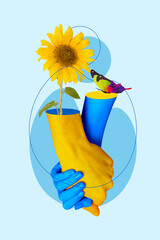 Poster creative banner collage of two people in ukrainian flag colors stay with ukraine together