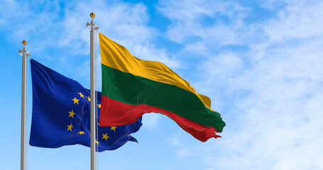 The flags of Lithuania and the European Union waving together on a clear day