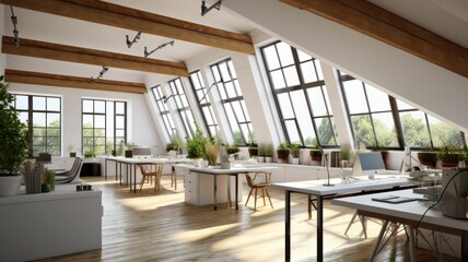 Loft style open space office with skylights and city view. White walls and wooden floor, large tables, comfortable chairs, desktop computers, plants in floor tubs. Generative AI