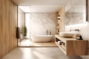 Interior design of modern bathroom with wooden and marble stone paneling wall. Created with generative AI