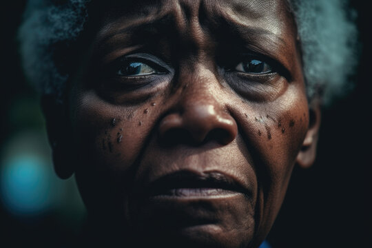 Sad African American mature woman portrait, Generative AI