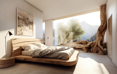 Rustic interior design of modern bedroom with solid wood log bed and decorative tree trunk. Created with generative AI