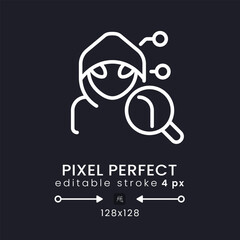 Attack analytics white linear desktop icon on black. Information security. Threat intelligence. Pixel perfect 128x128, outline 4px. Isolated user interface symbol for dark theme. Editable stroke