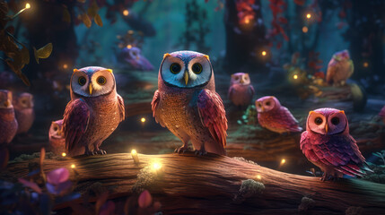 A pair of brown owls rests on a broken branch in a serene fantasy landscape. This image creates a sense of wonder and mystery with its vibrant colors and surreal elements Ai Generative