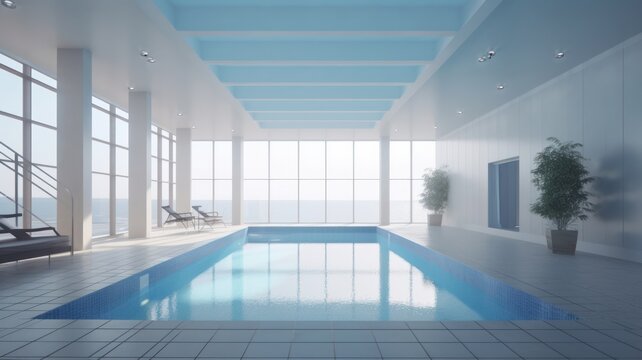 Indoor swimming pool in a luxury hi-tech home. Floor-to-ceiling windows with beautiful nature view, white walls and columns, white tiles floor, comfortable loungers, plants in a floor Generative AI