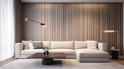 Modern minimalist living room in light monochrome colors. Grey walls with drapes, large corner sofa, coffee table with flowers in a vase, floor lamp, carpet, window with curtain. Mockup, Generative AI