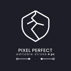 Security weaknesses white linear desktop icon on black. System vulnerability. Data damage. Pixel perfect 128x128, outline 4px. Isolated user interface symbol for dark theme. Editable stroke