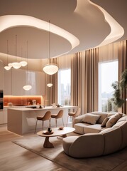 Stylish living room and kitchen details and modern design with sofa, details of couch and pillows.