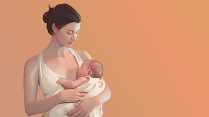 A gentle pastel illustration depicting a mother breastfeeding her baby. Generative AI.