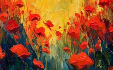 Abstract rose red flower oil paint brush strokes on canvas painting wallpaper background - contemporary hand drawing