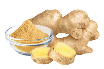 Ginger isolated on white or transparent background. Dry ground ginger powder and slices of fresh ginger root