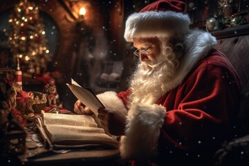 Fototapeta premium Santa Claus checking his gift list - Illustration created with Generative ai
