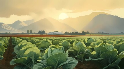 Landscape view of a freshly growing cabbage field. Generative AI