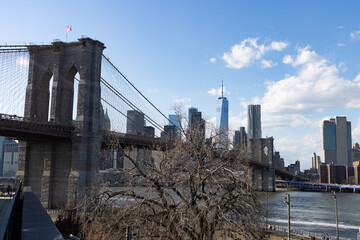 Beautiful View of the Brooklyn Bridge and the Lower Manhattan Skyline seen from Dumbo Brooklyn of...