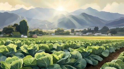 Landscape view of a freshly growing cabbage field. Generative AI - obrazy, fototapety, plakaty