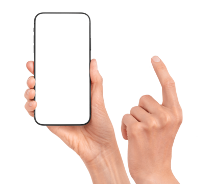 Hand holds smartphone mockup. Mobile phone template with blank screen. Cell phone device isolated on white or transparent background.