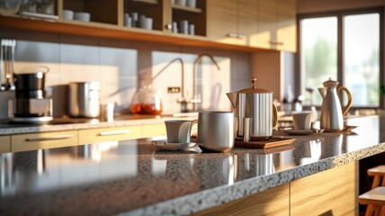 Fototapeta na wymiar Fragment of a modern kitchen in a luxury home. Quartz countertops, natural wood cabinets, kitchen appliances, table decor, beautiful morning light from the window. Generative AI