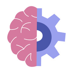 Brain from human hemisphere and robotic. Automation technology, artificial intelligence. Brain of cyborg or bot. Icon or sign. Colorful vector isolated illustration