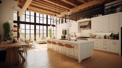 Fototapeta na wymiar Spacious loft style kitchen with dining area. White facades, kitchen island with bar stools, a wooden dining table with chairs, wooden floor, white bricks walls, panoramic windows garden Generative AI