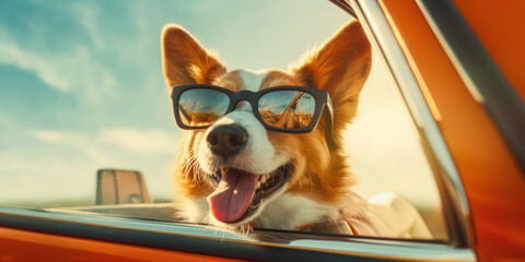 Sun-Kissed Adventures: Cute Cardigan Welsh Corgi Dog with Shades and Leash on Summer Road Trip - Generative AI