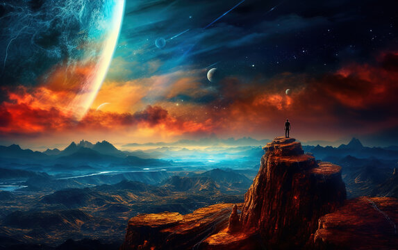 Standing alone on the mountaintop, gazing at the starry universe,created with generative ai tecnology.